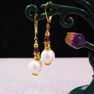 Garnet & Pearl Earrings, Stunning Gold-plated Hand Cut Garnet and Pearl Lever Back Dangle Earring