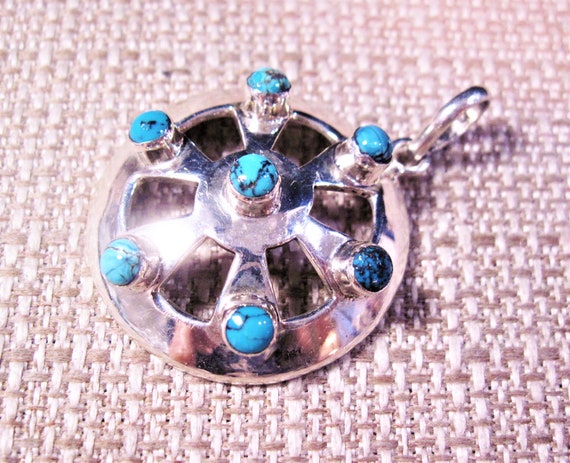 Sterling Silver Turquoise Pendant, Gorgeous Fancy… - image 2