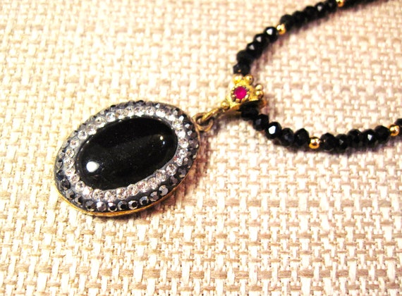 Turkish Silver Onyx Pyrite Ruby Necklace, Fancy 9… - image 3