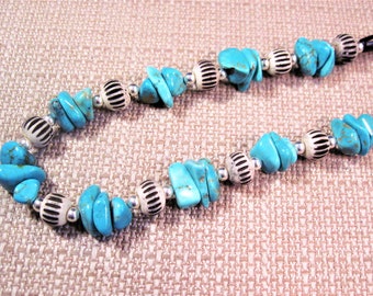 Sterling Bone & Turquoise Necklace, Gorgeous Vintage 18" Sterling Silver 210cttw Bone and Turquoise Nugget Necklace