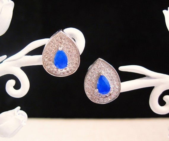 Silver Sapphire Stud Earrings, Fancy Sterling Sil… - image 1