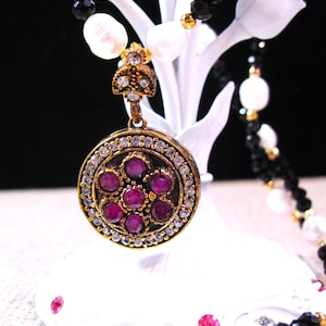 Turkish Silver Ruby Necklace, Fancy 925 Sterling Silver and Gold over Brass Ruby Zirconia Pearl Spinel Necklace