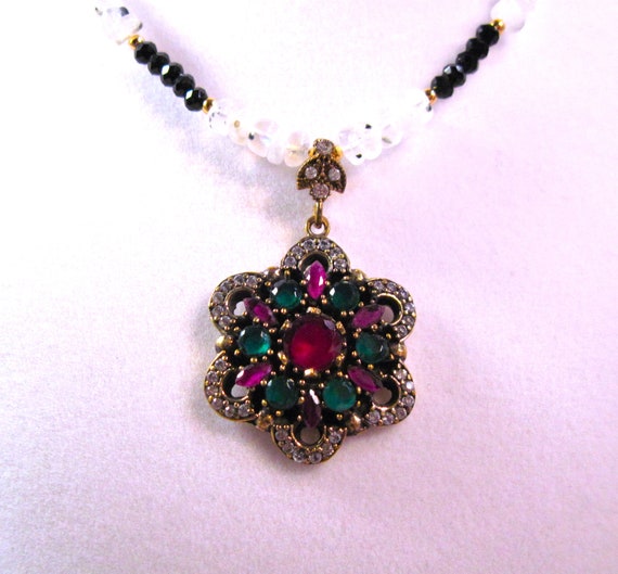 Turkish Silver Emerald Ruby Necklace, Fancy 925 S… - image 1
