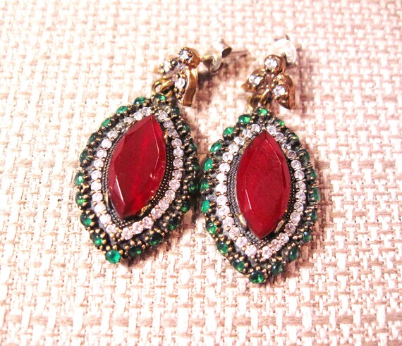 Silver Emerald & Ruby Drop Earrings, Fancy Turkis… - image 2