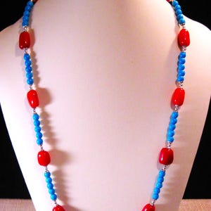 Sterling Silver Coral & Turquoise Necklace, Gorgeous Vintage 20&quot; Sterling Silver Coral and Turquoise Necklace