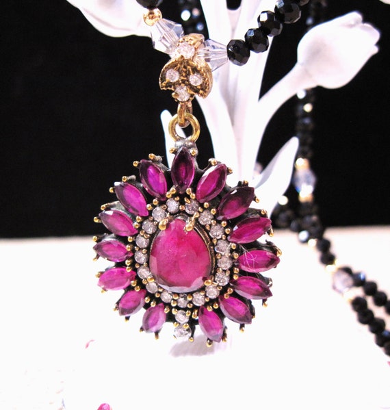 Turkish Silver Ruby Necklace, Fancy 925 Sterling … - image 1