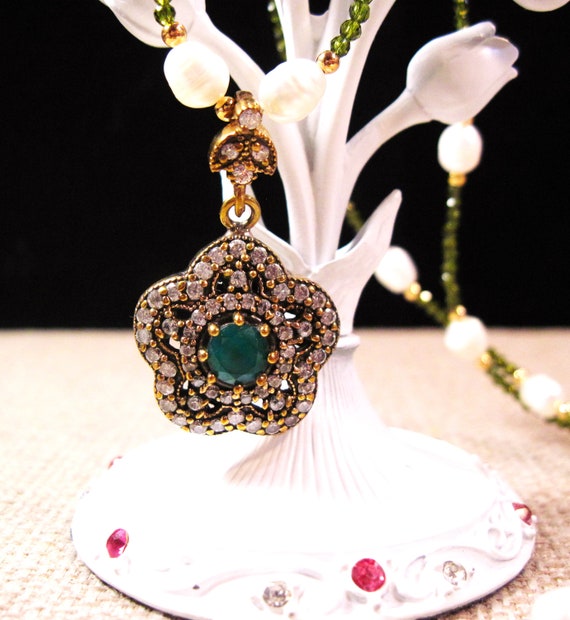 Silver Emerald Peridot Pearl Necklace, Fancy Turki