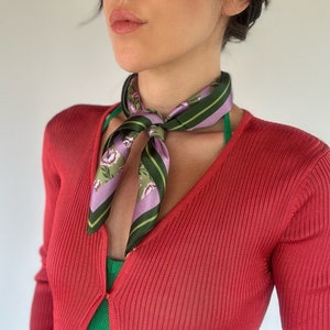 100% Natural Mulberry Silk Scarf:  Violet Floral Square Print Silky Satin Scarf, Hair/Head/Neck Scarf 23x23