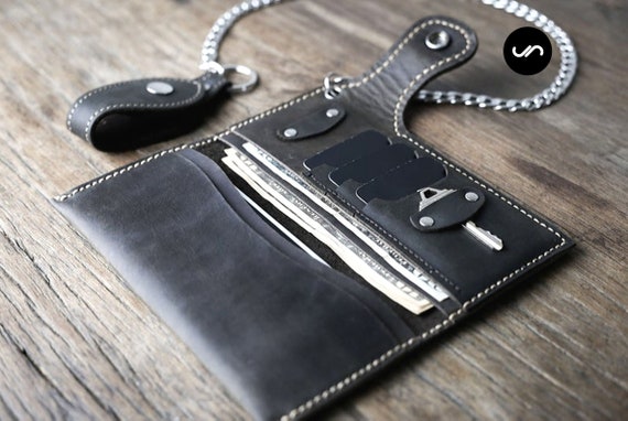 Genuine Leather Biker Wallet with Chain Black Men/'s Wallet