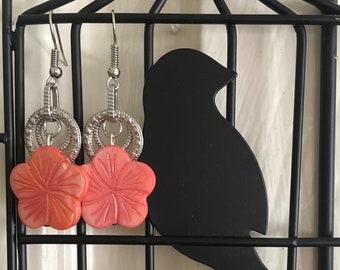 Shell Flower Earrings - Tropical, Mother of Pearl, Hibiscus, Flower Earrings, Shell Earrings, Pink, White