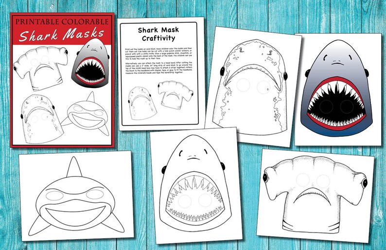 Printable Shark Masks | Halloween Masks | Colorable Masks | Shark Party Decor | Shark Photo ...