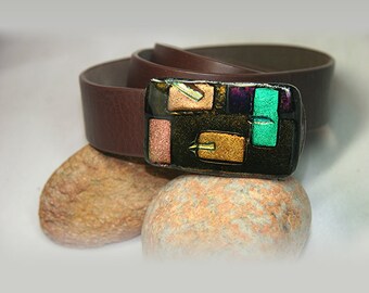 Leather Belt with Fused Glass Buckle Fused Glass Blue, Orange, Gray Belt Buckle. Adorned With  main image 3