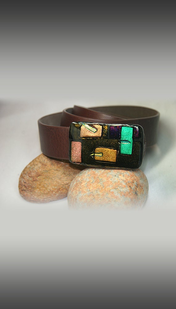 Leather Belt with Fused Glass Buckle Fused Glass Blue, Orange, Gray Belt Buckle. Adorned With  main image 2