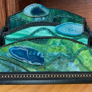 Beautiful,  Mixed Media, One-of-a Kind, Green Stained Glass Desktop Office Organizer with Wood, Geode Slices, Glass Beads, Metal and Fabric