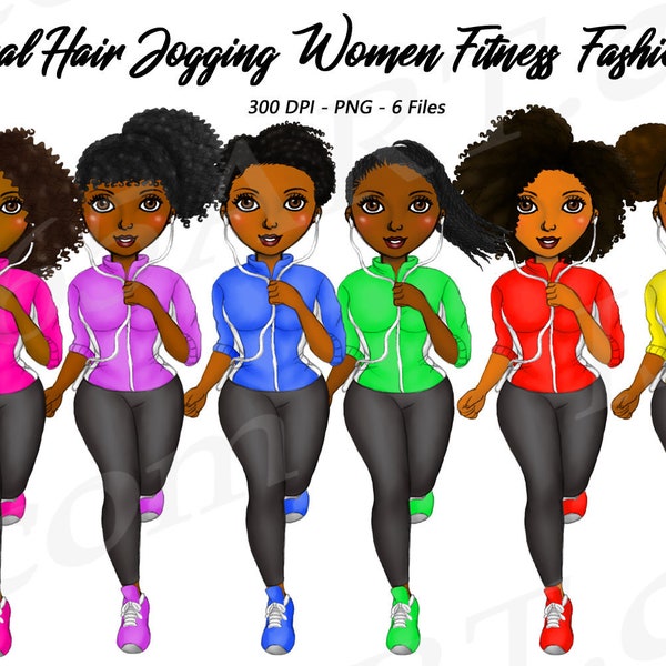 Jogging Women Clipart, Jogging Girls, Black Girl Clipart, Black Women, Natural Hair, Fitness, African American Clipart, Running, Curvy girls