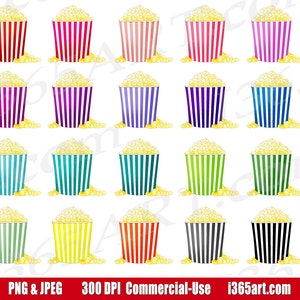 Popcorn Clipart, Movie Theater Clip Art, Popcorn Box, Popping Corn, Printable, Rainbow Planner Graphics, Commercial
