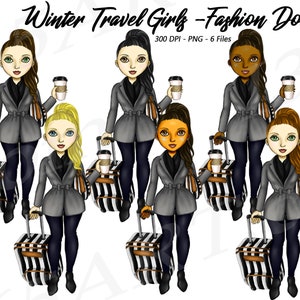 Puede incluir: Seis ilustraciones digitales de mu&ntilde;ecas de moda con atuendos de invierno y llevando maletas. Las mu&ntilde;ecas tienen diferentes colores de cabello y tonos de piel. El texto "Winter Travel Girls - Fashion Dolls" est&aacute; en la parte superior de la imagen.