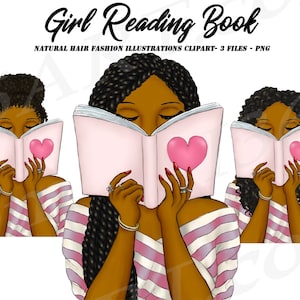 Black Woman Reading Clipart, Book Clipart, Woman Reading, Natural Hair, Black Girl Planner, Book Club, Book Lover, African American