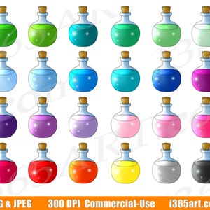 Puede incluir: Veinticuatro botellas de poción de dibujos animados en varios colores, incluidos verde, azul, morado, rosa, rojo, naranja, amarillo, gris y negro. Cada botella tiene un tapón de corcho y una etiqueta blanca.