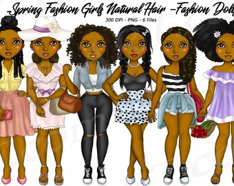 Spring Girl Clipart, Black Girls Clipart, Black Woman Clipart, Natural Hair, Digital Download, African American, Fashion Girl, Curvy ladies