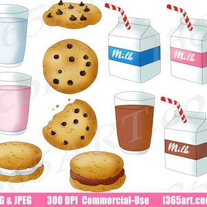 Clipart Mleka i Ciasteczek, Clipart Mleka i Ciasteczek, Czekoladowe Chipsy, Karton Mleka, Szklanka Mleka, Komercyjne, Pobierz