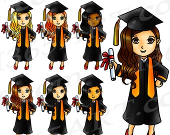 Chibi Graduation Girls Clipart, Planner Stickers (Digital Stamps)
