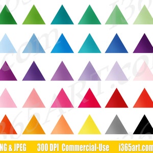 May include: A collection of colorful triangle graphics in various shades of green, blue, purple, pink, red, orange, yellow, gray, and black. The image includes the text "PNG & JPEG 300 DPI Commercial-Use i365art.com".