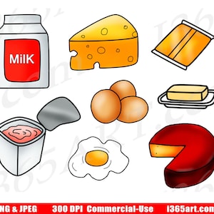 Dairy Foods Clipart, Dairy Foods Clip Art, Food Groups, Milks, Eggs, Cheese, Dairy Products, Digital Graphics, PNG, Commercial