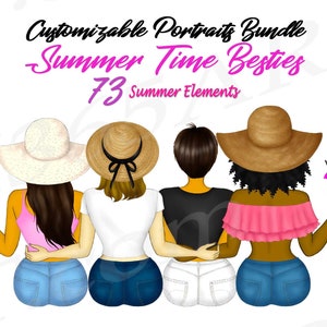 Summer Best Friends Clipart, Besties Bundle, Custom Girls clipart, BFF Clipart, Customizable, Portraits, Hairstyles, Dress Up, Character DIY