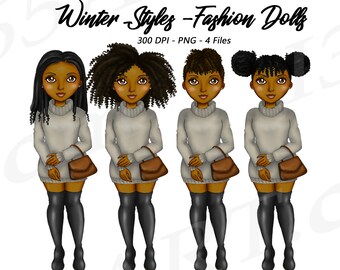 Clipart di bambola alla moda con capelli naturali, abiti invernali (PNG)
