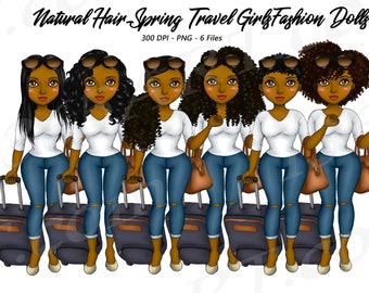 Travel Girl Clipart, Spring Travel Clipart, Black Woman Clipart, Black Girl Clipart, African American, Natural Hair, Vacation Suitcase Curvy