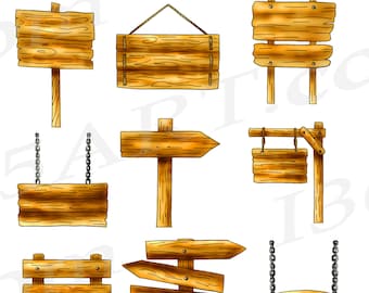 Wooden Sign Clipart, Hand Drawn Graphics (PNG JPEG Digital Download)