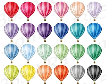 Imágenes prediseñadas de globos aerostáticos coloridos, gráficos PNG y JPEG (descarga digital)