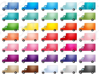 May include: A set of 30 digital clipart images of delivery trucks in various colours, including blue, green, yellow, red, pink, purple, brown, white, and black. The trucks are all the same size and shape, and they are all facing forward. The trucks are ideal for use in scrapbooking, card making, and other craft projects.