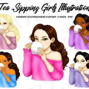Tea Sipping Girls Clipart, Fashion Portrait, Sips Tea, Coffee Girls, African American, Hairstyles, Planner Dashboard, Illustrations