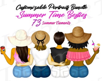 Sommer beste Freunde, Clipart Bundle, anpassbare Mädchen, Porträts (digitaler Download)