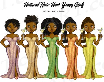 Black New Years Girls Clipart, Black girl hair, Black Woman Clipart, New Years Eve, Black Girl Hair, Fashion Girl Clipart, African American