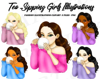 Tea Sipping Girls Clipart, Fashion Portrait, Sips Tea, Coffee Girls, African American, Hairstyles, Planner Dashboard, Illustrations