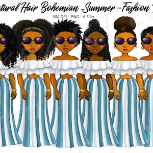 Boho zomer zwart meisje clipart, natuurlijk haar, zwarte meisjes illustraties, Afro-Amerikaanse meisjes, strepen, mode meisje clipart, bochtig