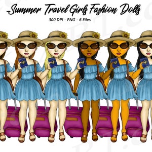 Travel Girl Clipart, Summer Travel clipart, Vacation, suitcase clipart, curvy girl clipart, Fashion Girls, African American PNG image 1