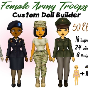 Chibi woman Army Clipart, Military Clipart, Army Blues Green Uniform, Military, African American, Best friends, Customizable, Custom Dolls
