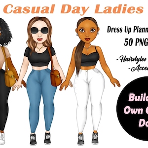 Customizable Dolls Clipart, Dress Up Dolls Clipart, Casual Fashion, Personalized Clipart, Paper Dolls, Black Girl Clipart, African American