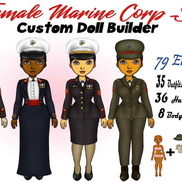 Female Marines Clipart, Custom Military Clipart, Marine Corp Uniform, US Marines, African American, Best friends, Customizable, Veterans