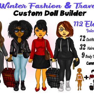 Winter Travel Girl Clipart, Best Friends Clipart, Traveling PNG, Paper Doll, Girl Boss, Business Woman, African American,  Dress Up Doll