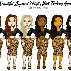 Leopard Print Girls Clipart, Fashion Girls Clipart, Leopard Skirts, Cheetah Print, African American Clipart, Curvy, Illustration, Chibi