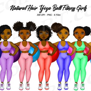 Black Women Yoga Clipart, Chibi Yoga Woman Clipart, Black Girl Fitness, Fitness Girl African American Clipart, Yoga Ball, Curvy Workout Lady