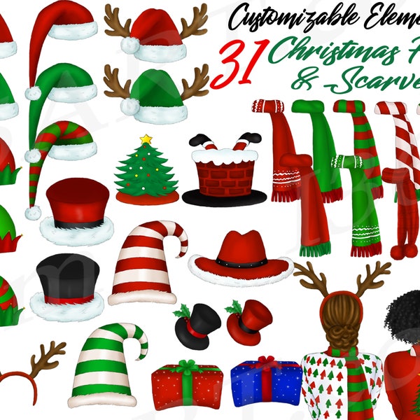 Custom Christmas clipart, Christmas Hats and Scarves clipart, Santa Hat, DIY, Best Friends, Planner Girl, Holiday Fashion, Character Builder