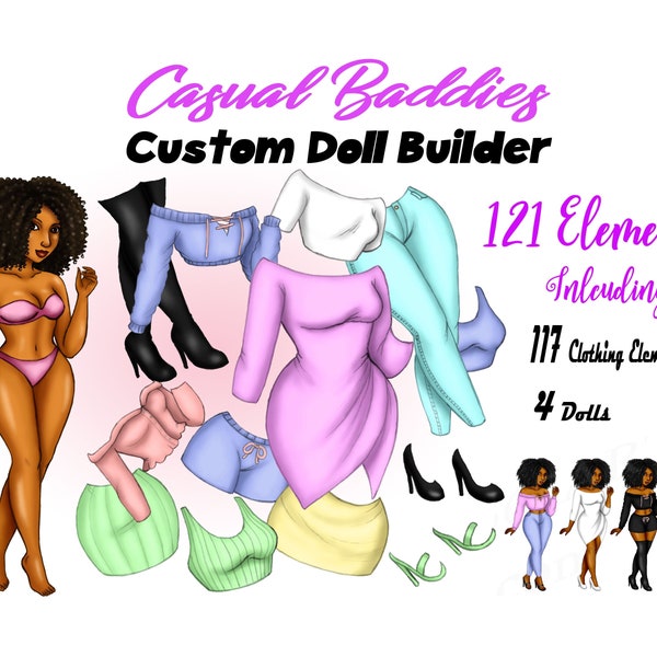 Baddie Fashion Doll Clipart, Black Woman Afro, Custom Doll Builder (PNG)