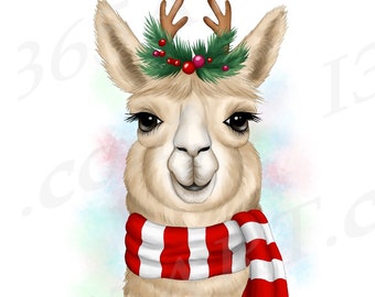 Christmas Llama Clipart, Watercolor llama PNG, Christmas Animal Clipart, Llama Clipart, Sublimation, Digital Download, Commercial-Use