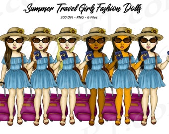 Travel Girl Clipart, Summer Travel clipart,  Vacation, suitcase clipart, curvy girl clipart, Fashion Girls, African American PNG